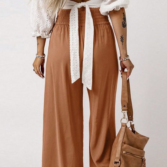 . Pants - Brown Preppy Womens Drawstring Waist Wide Leg Pants